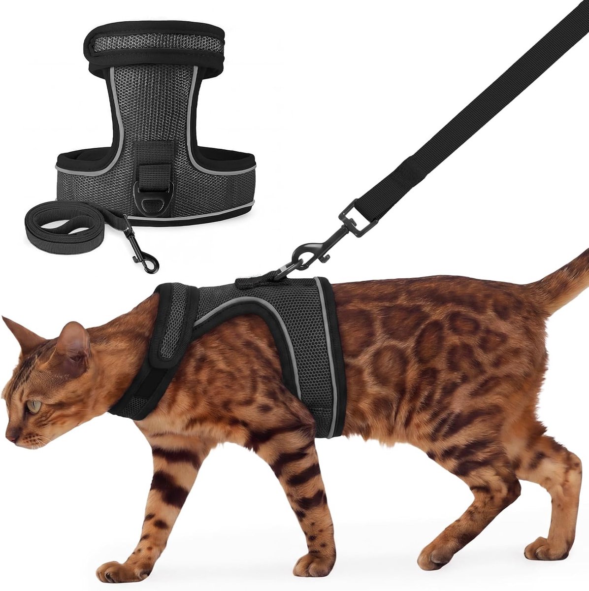 Set met kattenharnas en riem, verstelbaar ademend gaasvest om te wandelen