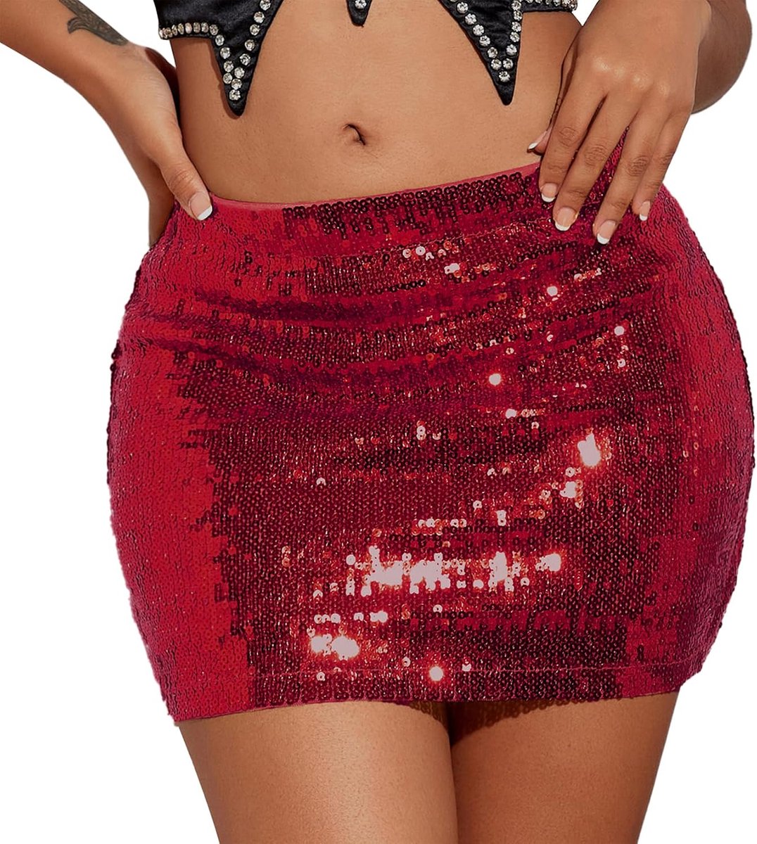 Star Damesrok met pailletten, glitter, kort, mini-bodycon, wikkel-heuprok voor feestelijke optredens, carnaval, paillettenrok voor dames