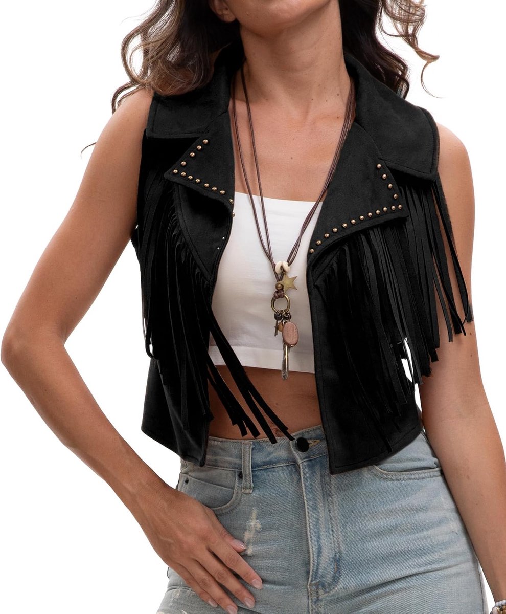 Vrouwen Fringe Vest Vest 70s Hippie Faux Suede Mouwloze Kwastje Jas Open Front Cowgirl Klinknagels Cardigan