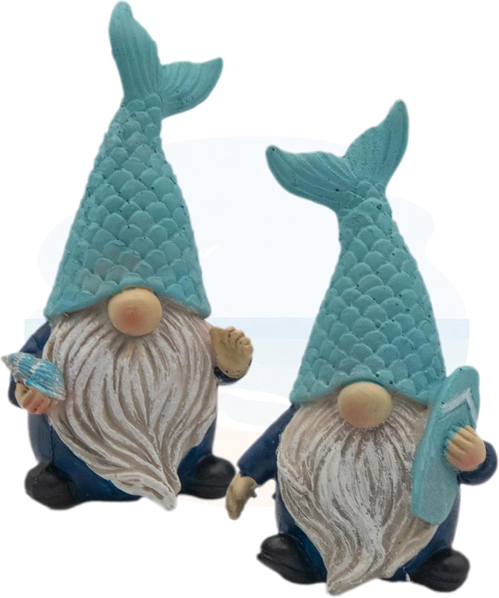 Set van 2 kabouters maritiem met visstaart, muts, 5,5 x 4,5 x 10,5 cm, van polyhars, blauw/wit, maritieme decoratie, kabouter, tafeldecoratie, badkamer, strandhuis, cadeau