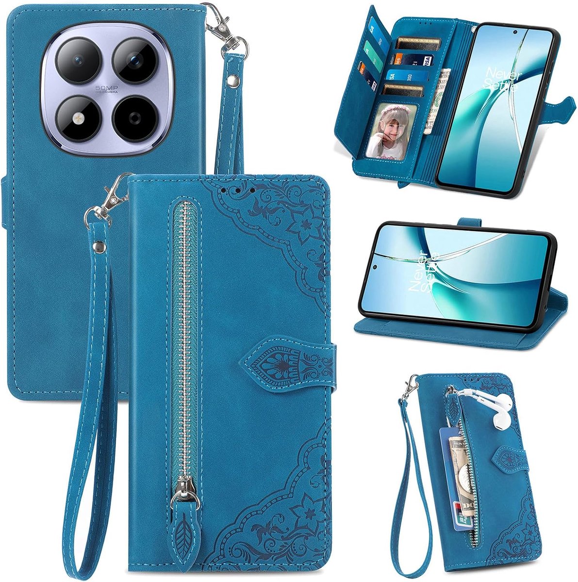 Beschermhoes voor Xiaomi Redmi Note 15 Pro Plus/Poco M8 Pro 5G, klaphoes van PU-leer met kaartsleuven, magneetsluiting en polsband, bloemenpatroon, stootvaste portemonnee, blauw