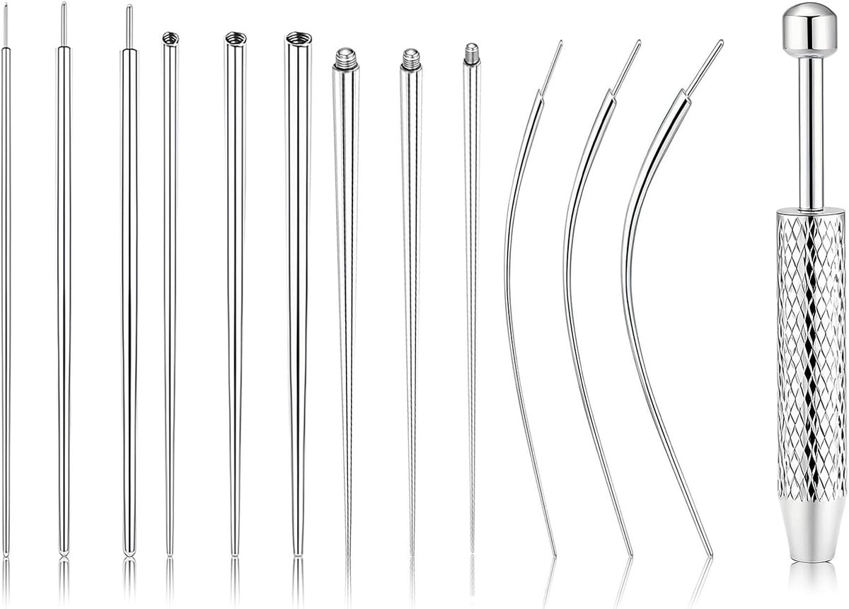 Piercingtangset met naalden en balvangtang, insteekgereedschap en geleidetaper van roestvrij staal, piercinggereedschapset voor oor, neus, lip, tragus