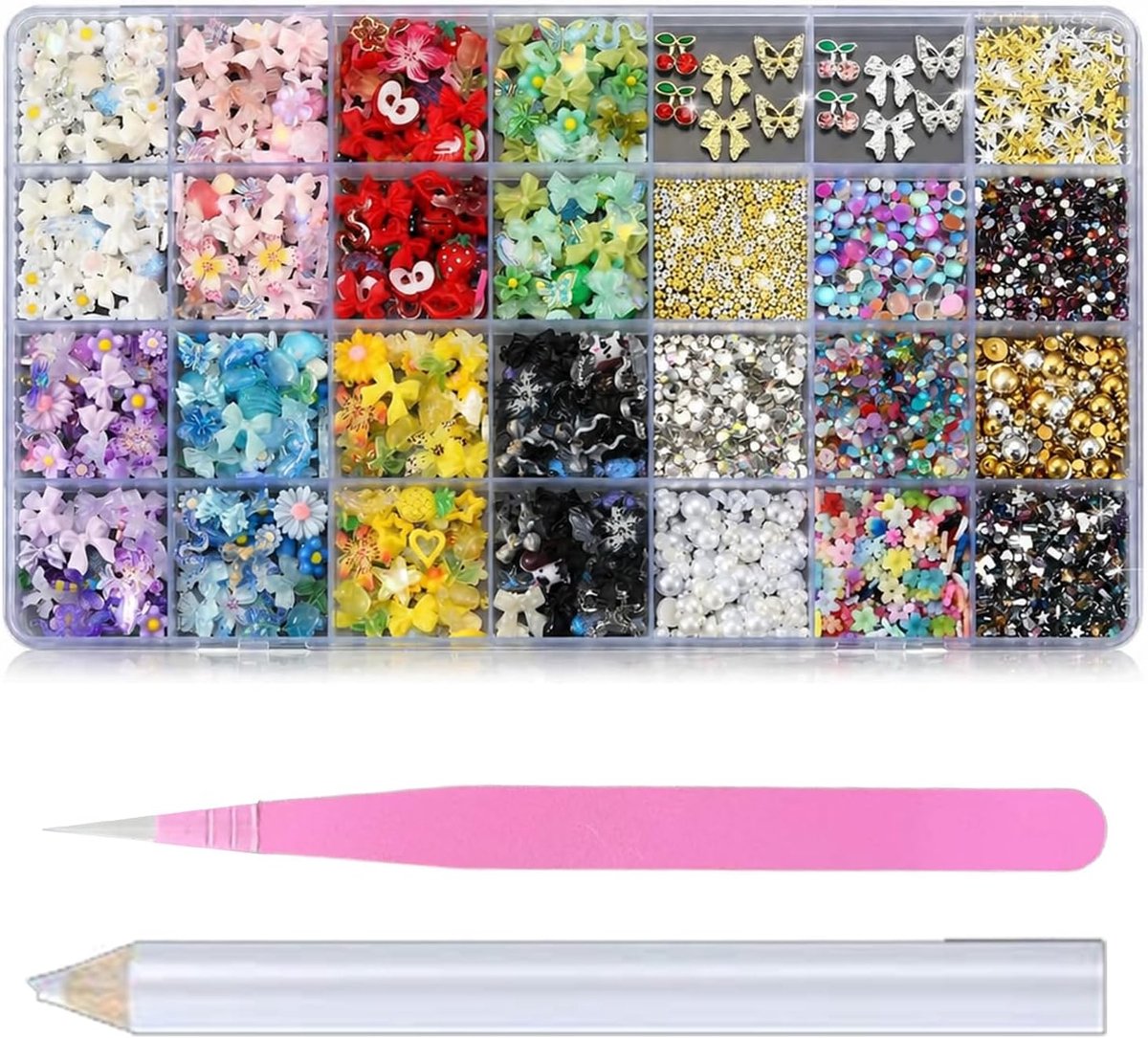 9000 stuks nail art bedels en strass-steentjes, 28 vakken, 3D-nageldesignaccessoires, kleurrijke nagelsteentjes, vlinder, strik, kralen voor doe-het-zelf manicure en knutselen