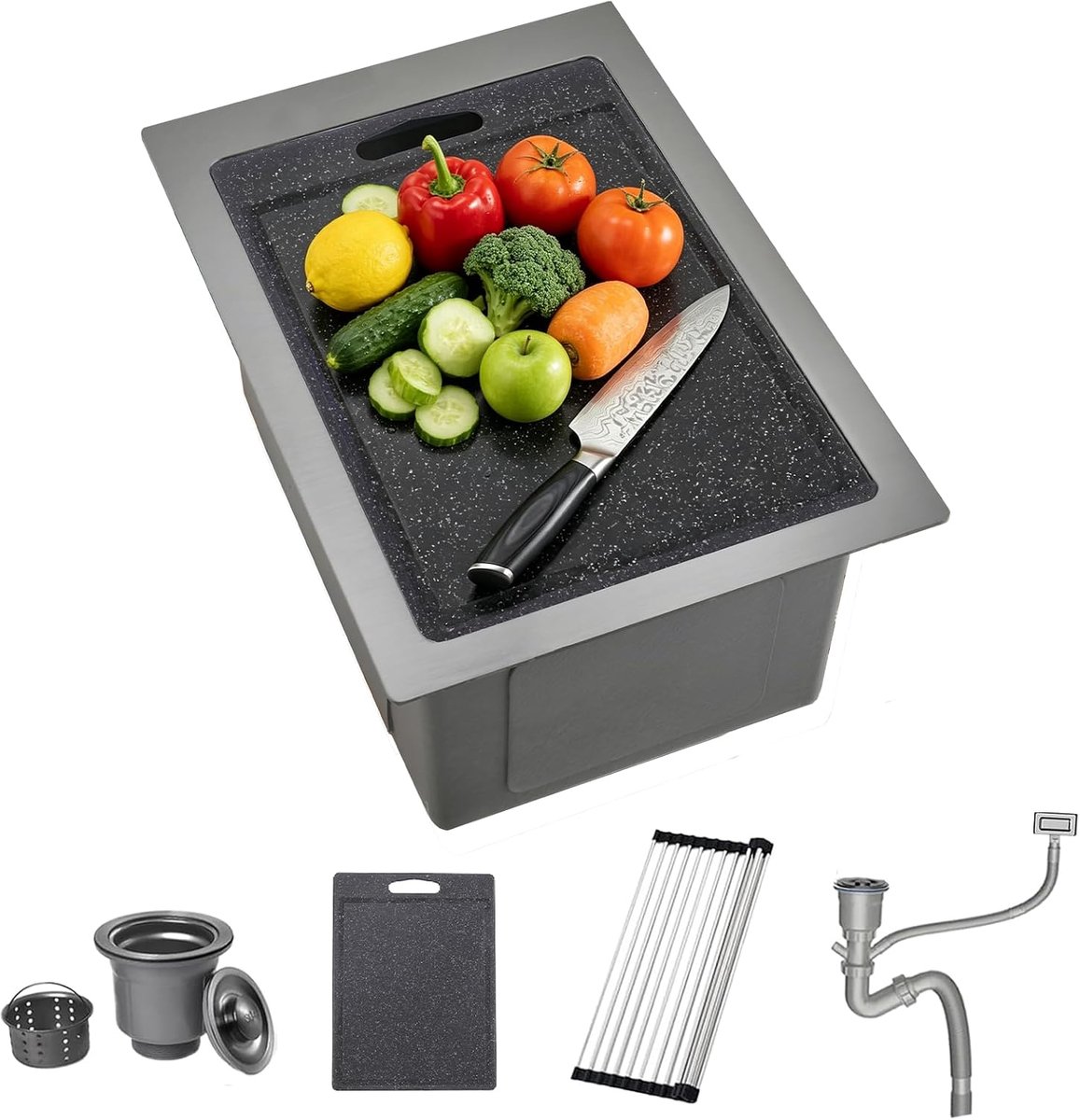 Gootsteen, 35X45CM Kleine Spoelbak Roestvrij Staal Enkele Kom, Campervan met Overloop, Afdruiprek, Roll-up Rack, Snijplank, Onderbouw, Top Mount, Drop in Flushmount Installatie