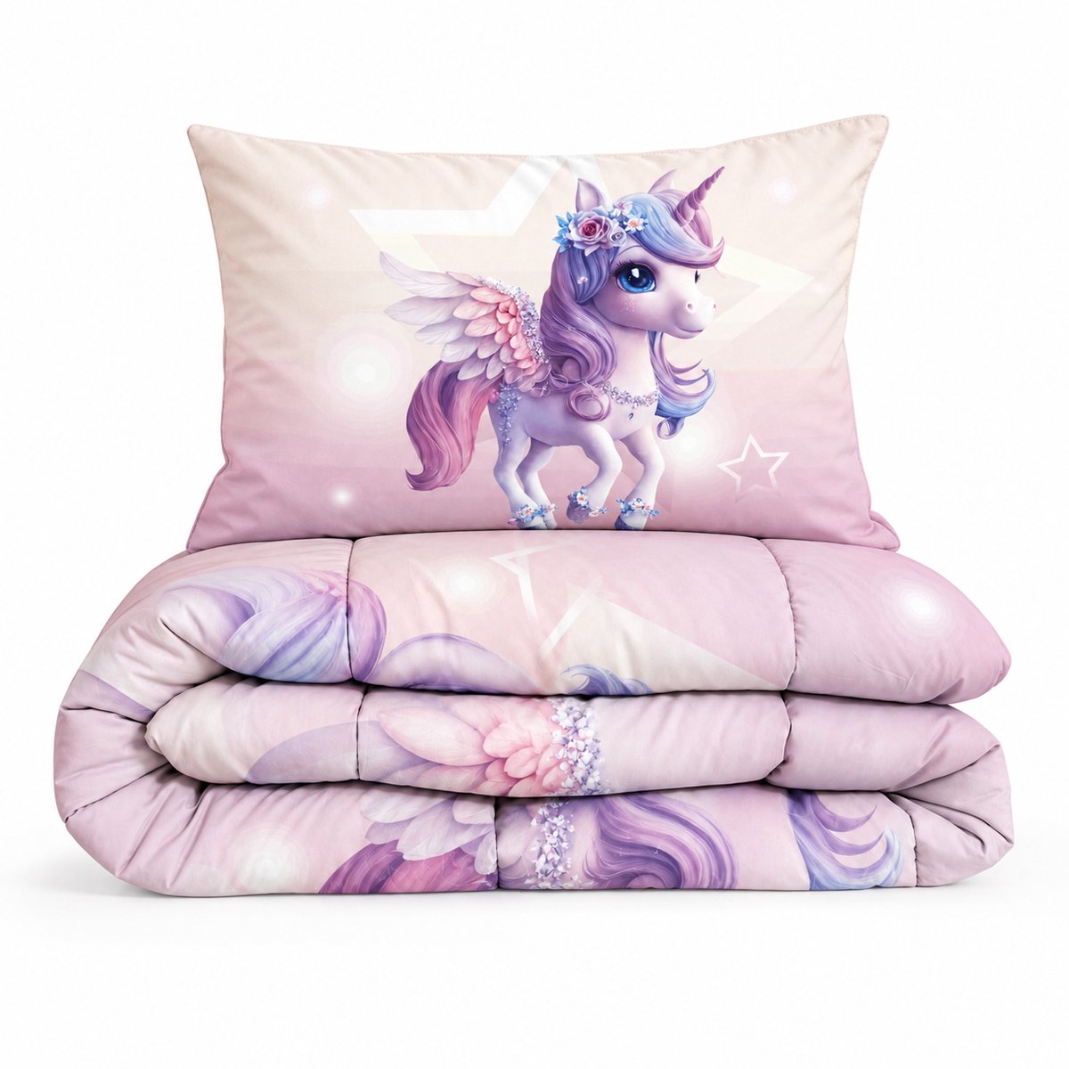 Eleganzzz Kinderdekbed Zonder Overtrek Purple Unicorn - Eenhoorn Kinderdekbed - Purple - 140x200 cm - Microvezel - Inclusief Kussensloop