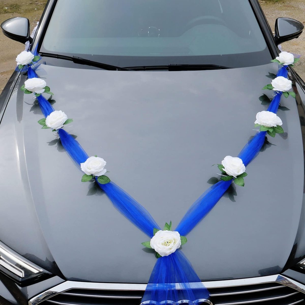 Autodecoratie bruiloft, bruid, paar, bloemen, roze, bruiloft, slinger, decoratie, bloem, voor feest, bruiloft, blauw, wit