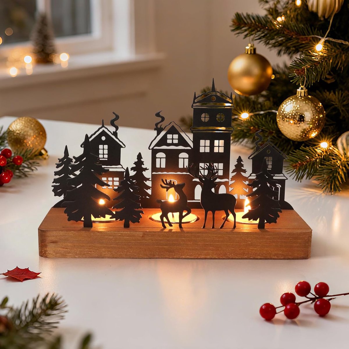 Kaarsenhouder voor theelichtjes, adventskrans kandelaar van metaal met houten houders, kaarsenplateau als tafeldecoratie voor advent en Kerstmis (klein)