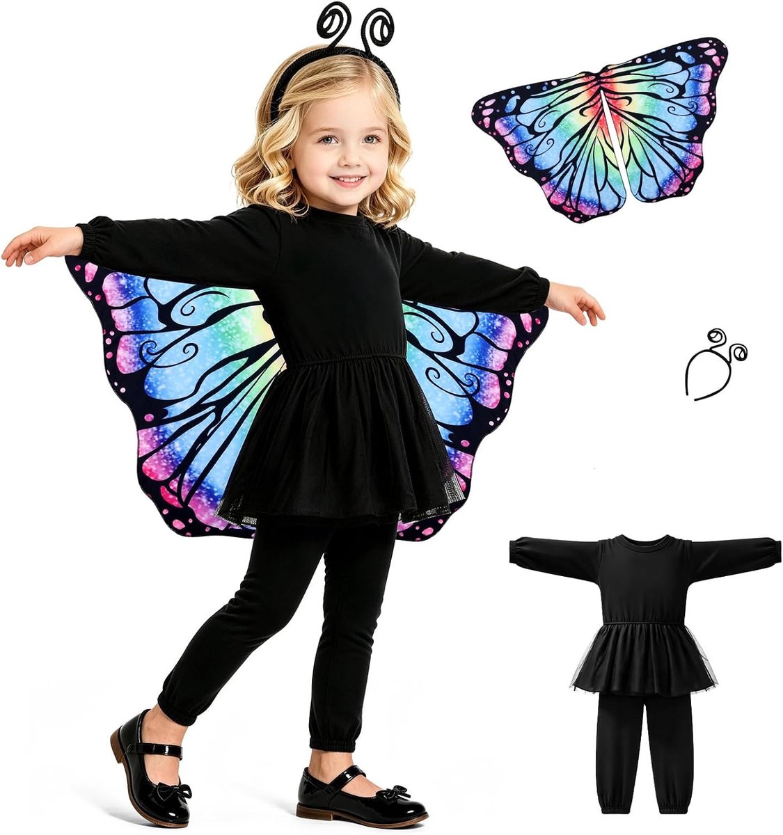 Vlinderkostuum voor meisjes met vleugels, 3 stuks, kinderen, carnaval, party, Halloween, kostuum, vlinder, eendelige verkleding met vlindervleugels en voeler, haarband