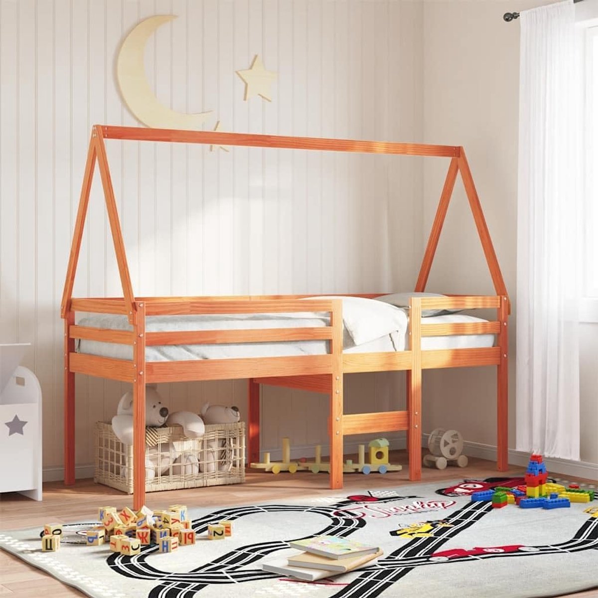 Beddak voor kinderbed, 209 x 95,5 x 88 cm, in wasbruin, massief houten dakframe met open zijde voor spel en plaats van terugtrek; stabiel rustiek design