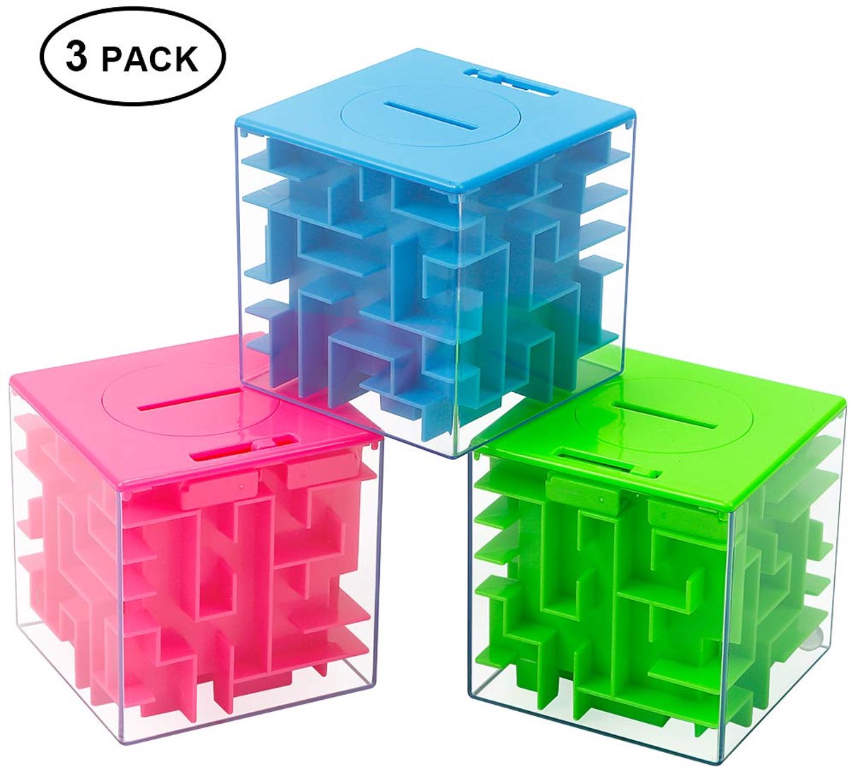 Spaarpot Doolhof 3D Puzzel - Set Van 3 Stuks - Groen, Blauw En Roze - Transparante Geldpuzzel Voor Kinderen En Volwassenen - Ca. 8 X 8 X 8 Cm