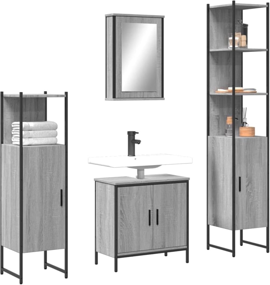 4-delige badkamermeubelset grijs Sonoma houtmateriaal met