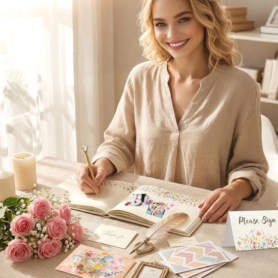 Gastenboek bruiloft wilde bloemen borduurwerk fotoalbum stof met stickers — afbeelding 5
