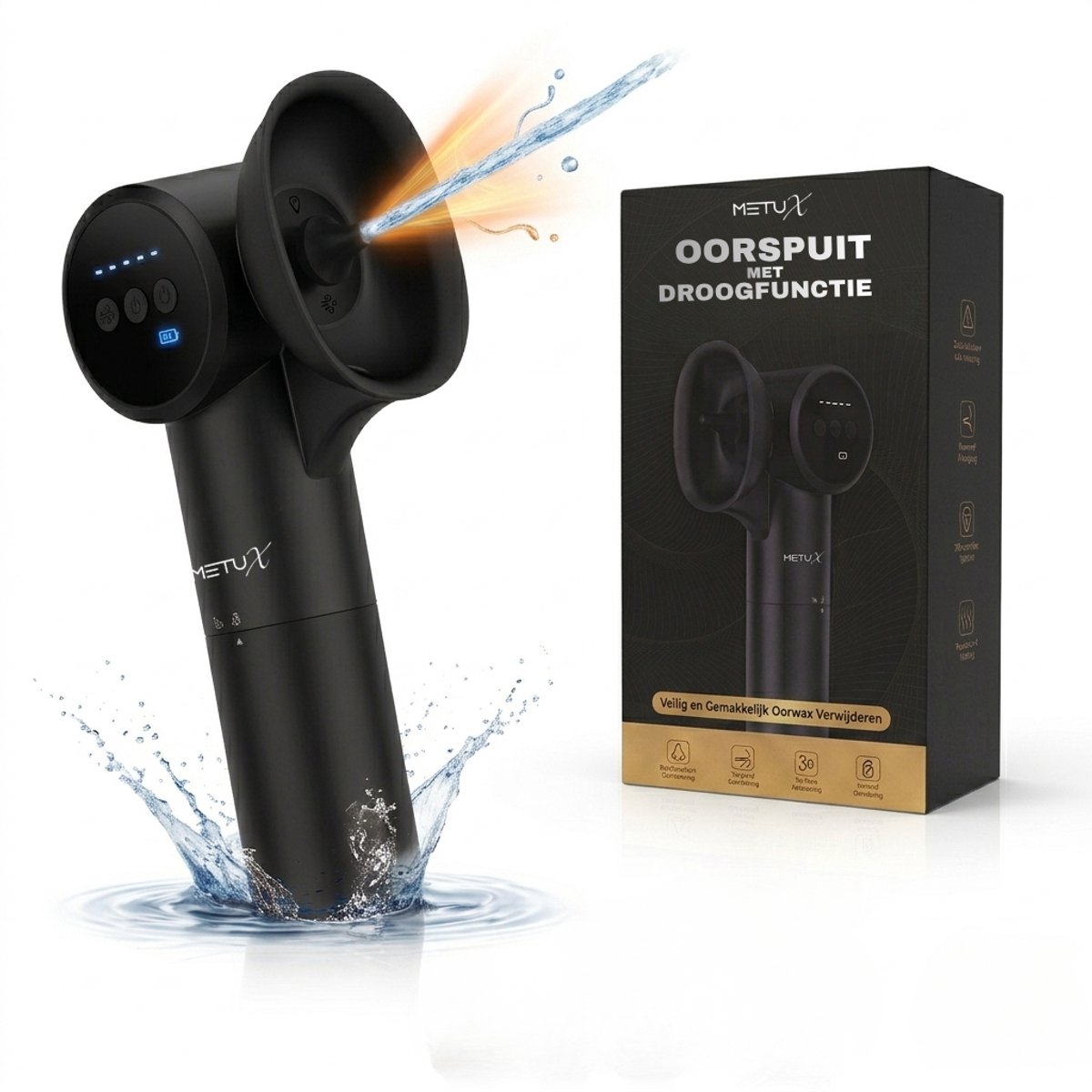 MetuX® Oorreiniger - met droogfunctie - Oorsmeerverwijderaar op waterbasis – Oorsmeer Verwijderaar – Ear Cleaner – Oorsmeer - Oor reiniger – Oren Schoonmaken – Oorspuit - Oordouche - Oorreiniging - Earscratcher - Oorreiniger Elektrisch - Oorspuit