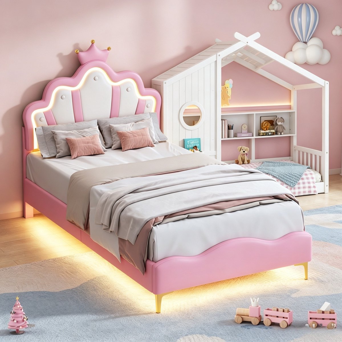 ROSAHQNDA Kinderbed 90x200 cm, prinsessenbed met led verlichting aan hoofdbord en bedframe, zacht pu gestoffeerd bed met kroon hoofdbord, roze, zonder matras