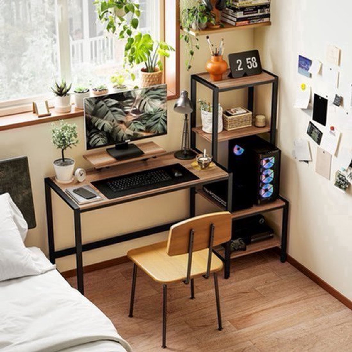 Computertafel – Bureautafel – Schrijftafel – Werkplek – Industrieel Bureau – Monitorstandaard – 4-laagse Opbergruimte – Hoogwaardig Hout – Compact Bruin