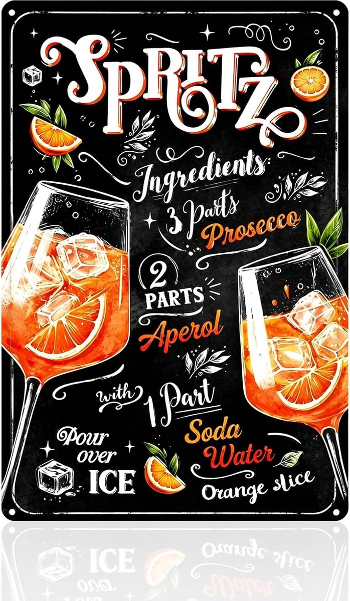 blikken bord 30x20 cm retro bar decoratie, Aperol cadeau voor cocktailliefhebbers, Aperol decoratie met receptmotief, blikken borden voor keuken, huisbar, partykelder, metalen bord zwart met 4