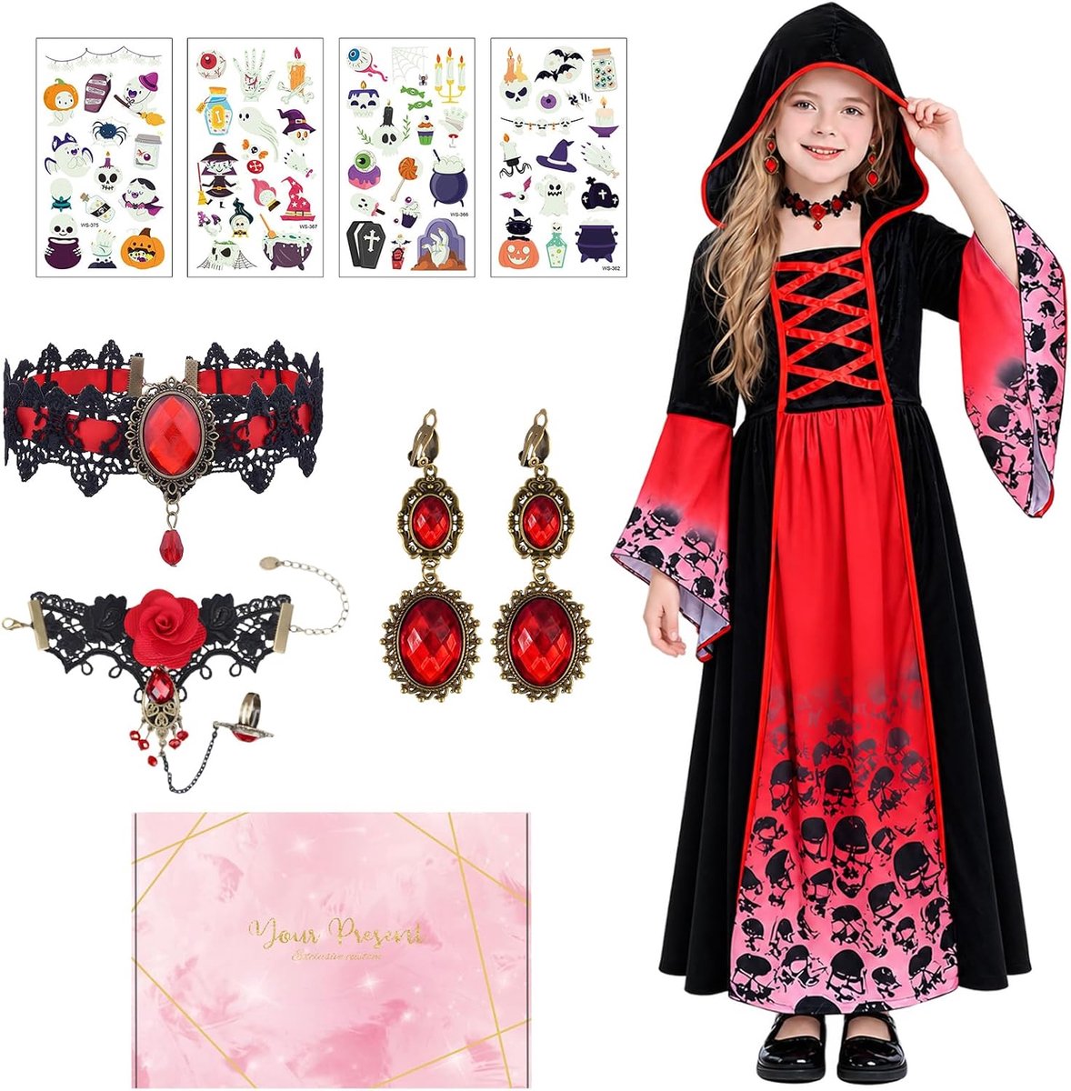 Vampierkostuum voor meisjes, Halloween-kostuum voor meisjes en accessoires