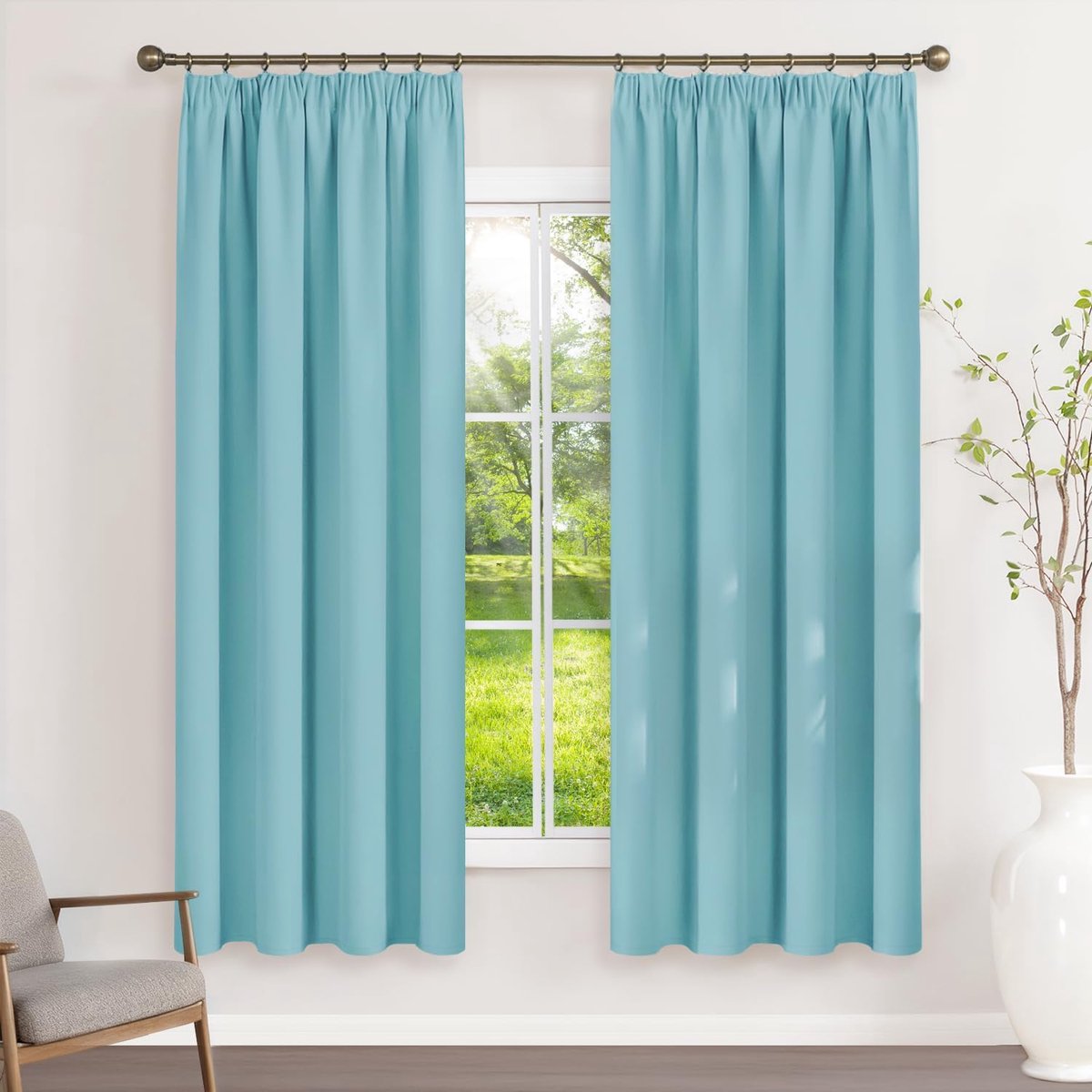 Gordijnen met plooiband, ondoorzichtig, hemelsblauw, verduisteringsgordijnen, set van 2, 180 x 120 cm (H x B) voor railsysteem, thermische gordijnen, koudebescherming, schuifgordijnen voor