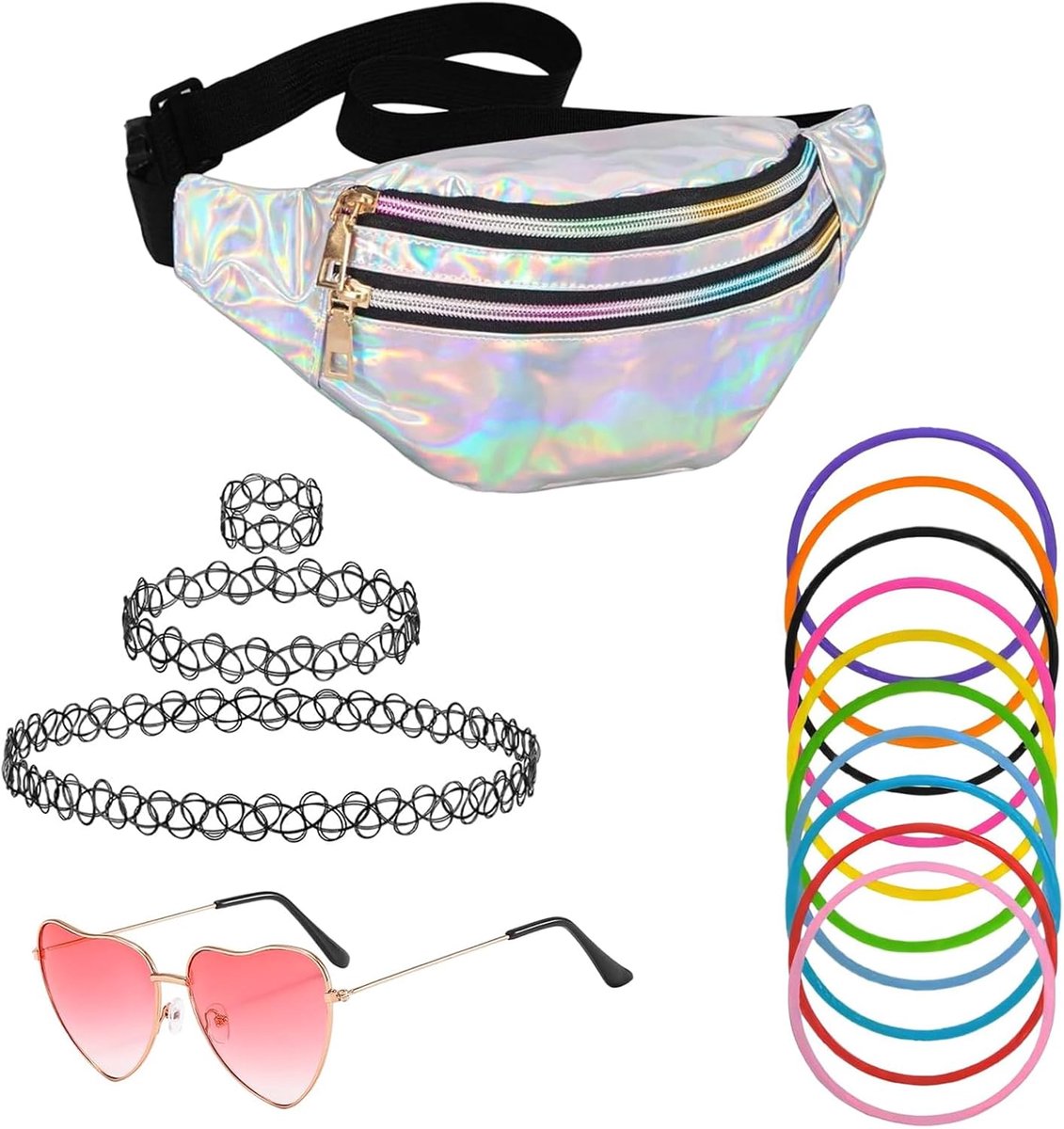 Heuptas van kunstleer, met feestaccessoireset, 10 siliconen armbanden, zonnebril, roze hart en 3 zwarte choker-halskettingen, kostuumset voor festivals en evenementen