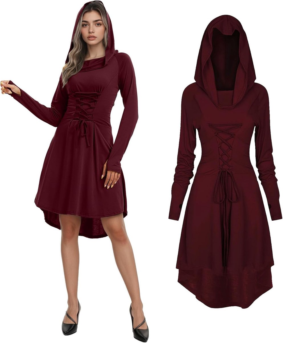 Middeleeuwse jurk voor dames, renaissance, met capuchon, lange mouwen, retro kostuum, elfenkostuum voor dames, cosplay, Halloween, carnavalskostuum