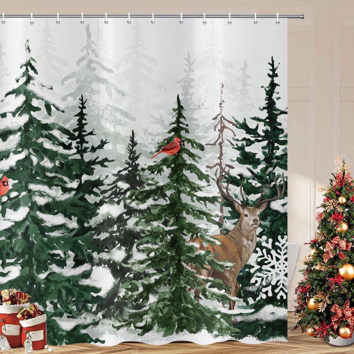 Douchegordijn, 180 x 200 cm, natuurlijk sneeuwscène, groen, kerstboom, wild, elandhert, wasbaar, baddouchegordijnen, polyester textiel, waterdicht, douchegordijn voor bad met 12 haken
