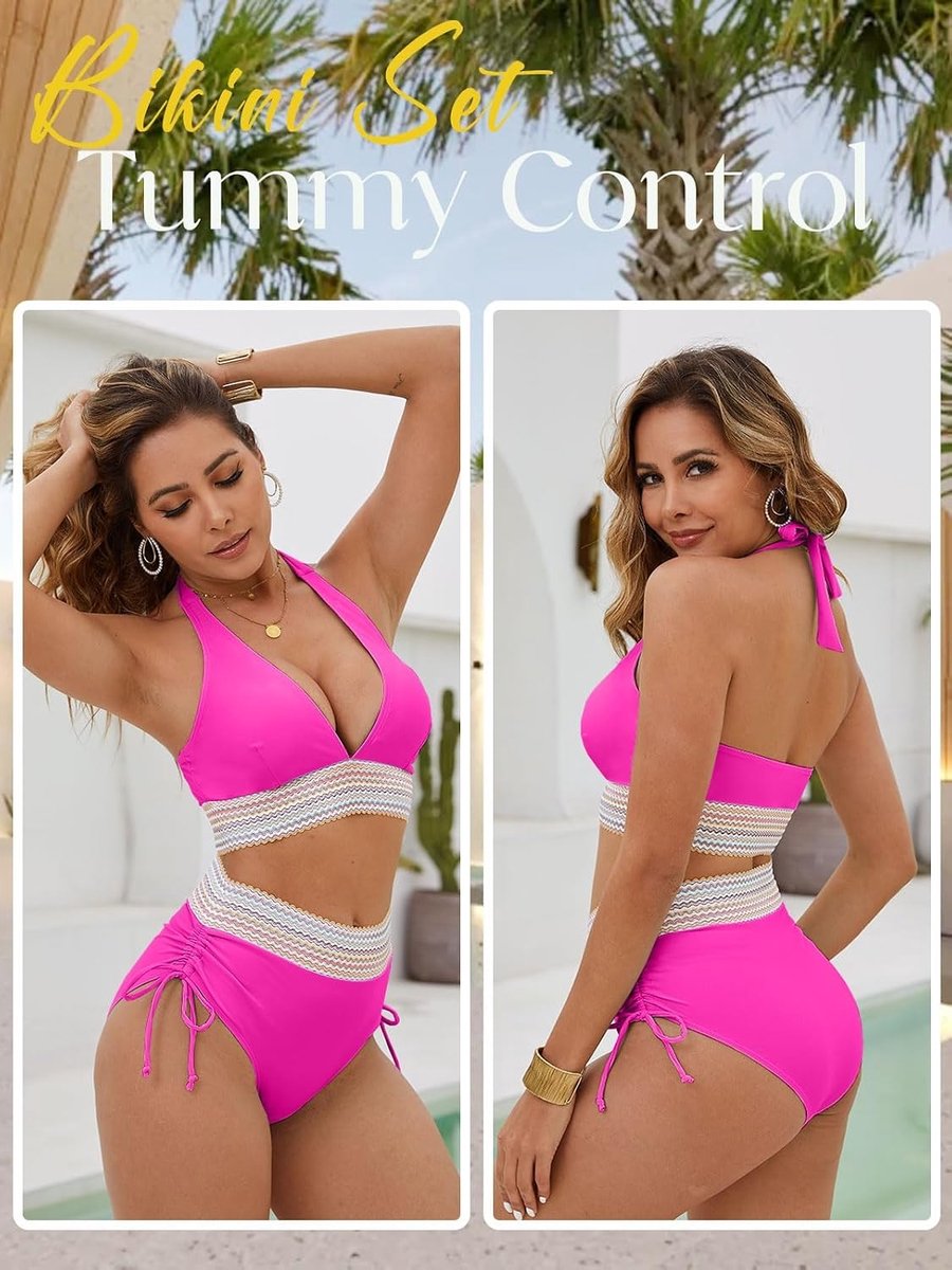 Halter bikini's dames hoge taille bikini set buikcontrole badpak trekkoord badmode 2-delig strandkleding kleurblok zwemkostuum diepe V sexy badpakken
