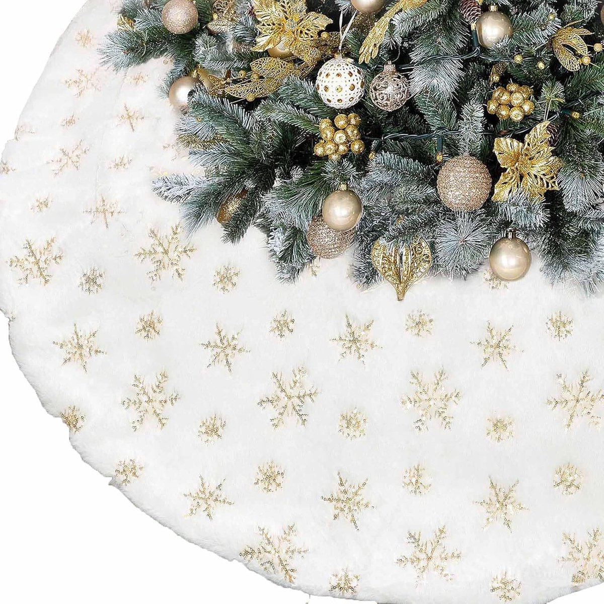 Kerstboomdeken, kerstboomdeken, rond, wit, kerstboomdeken met zilveren sneeuwvlokken, kerstboomdeken, dennenboomdeken, kerstdecoratie, goud, 90 cm