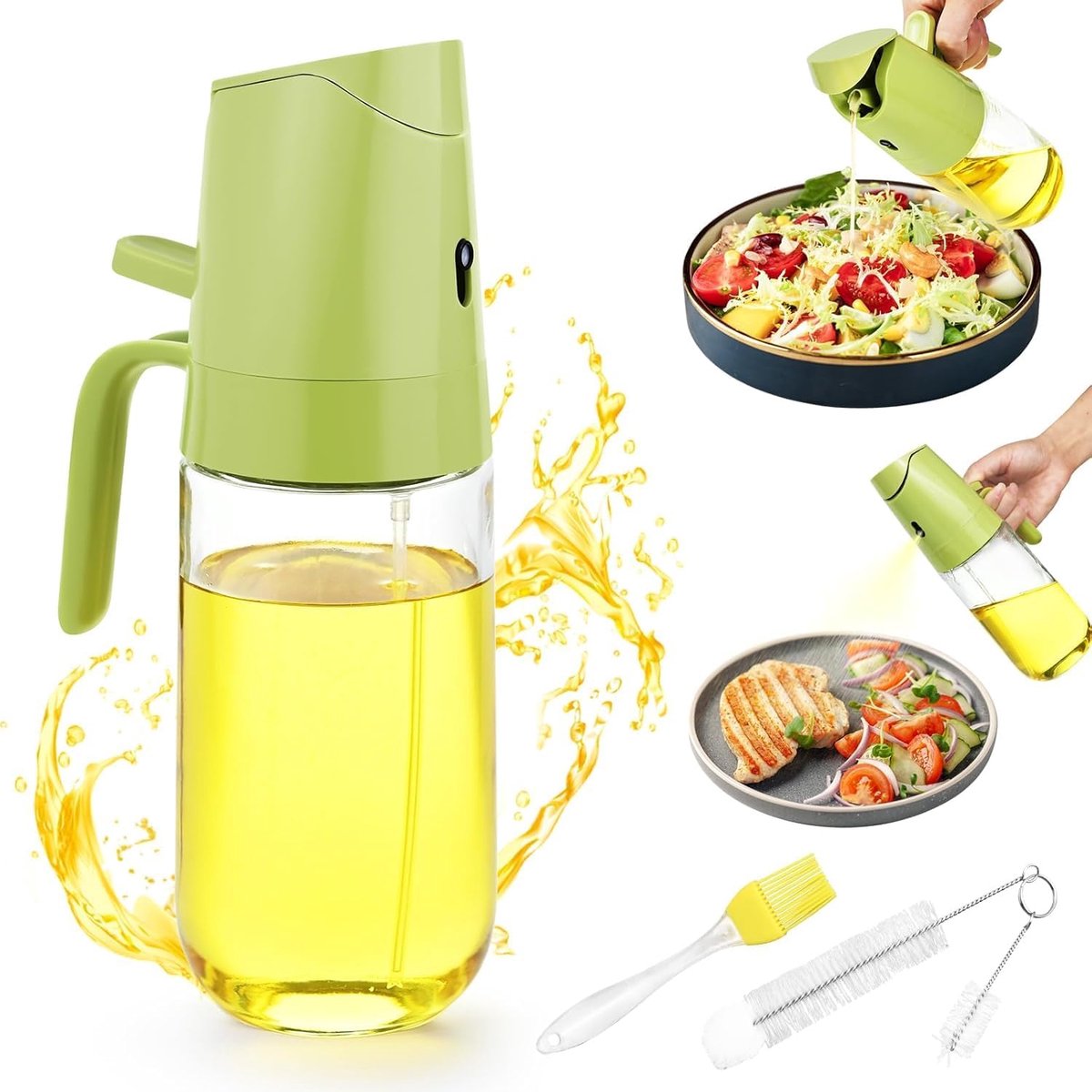 2-in-1 oliespuit en oliedispenser, 500 ml oliespray voor luchtfriteuse, glasoliesproeier, keukenoliespray, keukenaccessoires voor koken, bakken, grillen