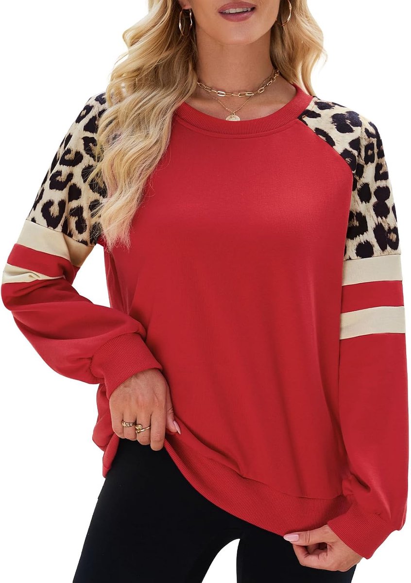 Sweatshirt Dames Katoenen Trui Casual Ronde Hals Tops Patchwork Contrast Luipaard Shirt Blouse voor Herfst Winter Lente