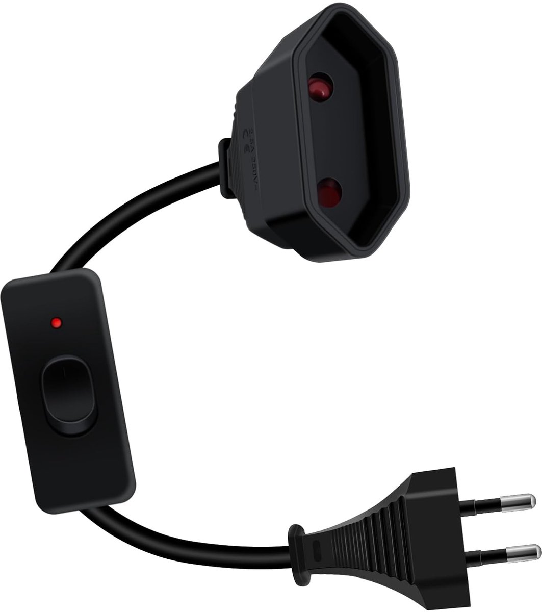Verlengkabel met schakelaar 2,5 A 250 V Verlengkabel Eurostekker met schakelaar Euro verlengkabel kort, voor huishoudelijke apparaten, computers, tv-monitoren (Zwart, 1 m)