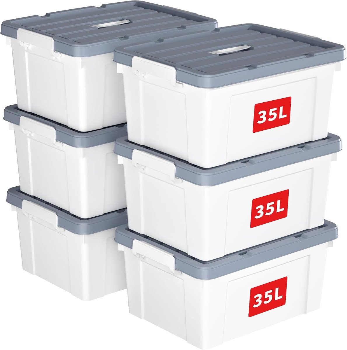 35L x 6 opbergdozen, plastic opbergdoos met deksels, organiserende container met handvat en veilige vergrendelende gespen, stapelbaar, nestbaar, draagtas voor thuiskantoor kleding, 35L-6Pack,