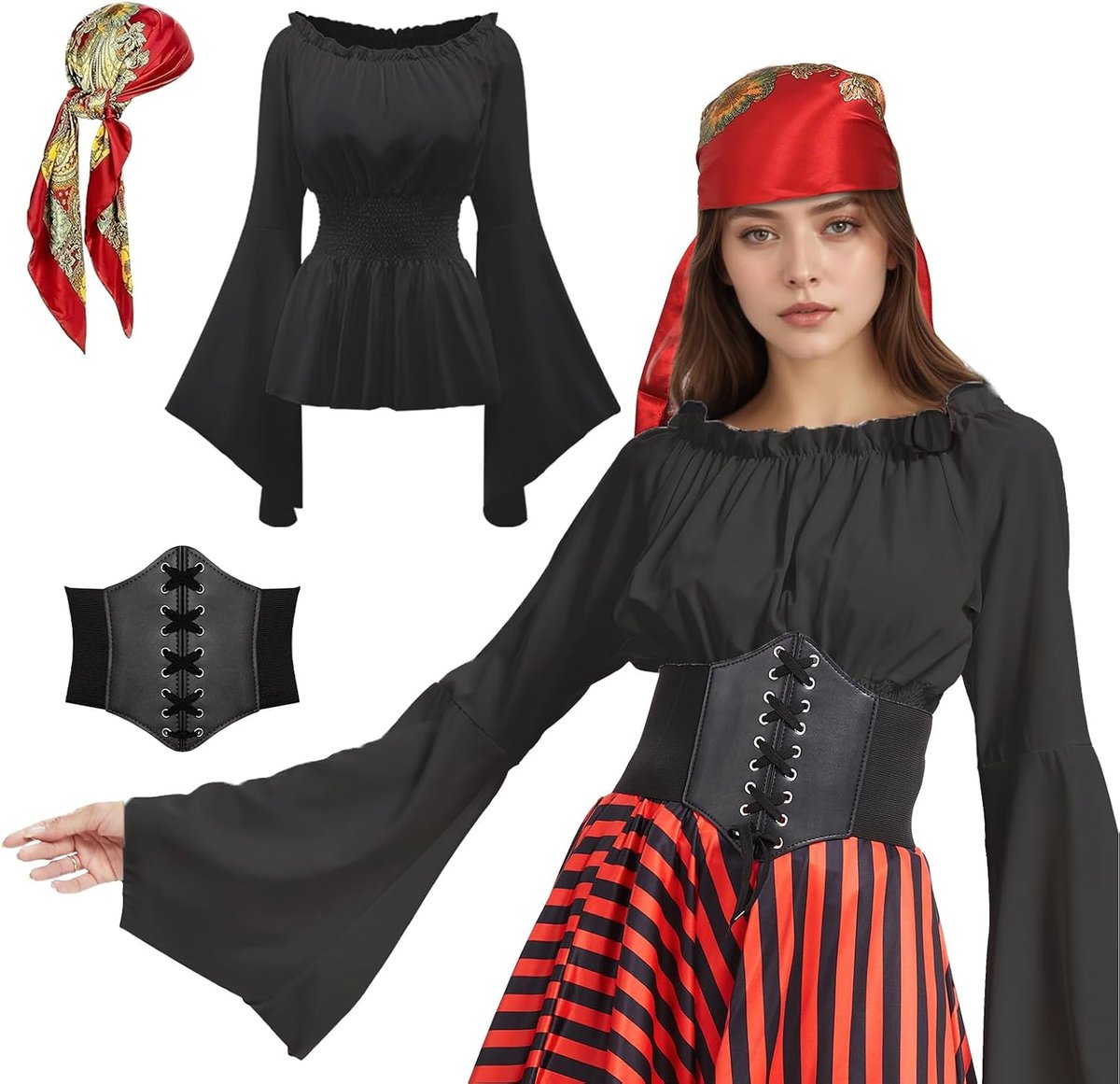 Piratenkostuum voor dames, middeleeuwen, piratenhoofddoek, sjerp, piratenkostuum, set voor carnaval, cosplay