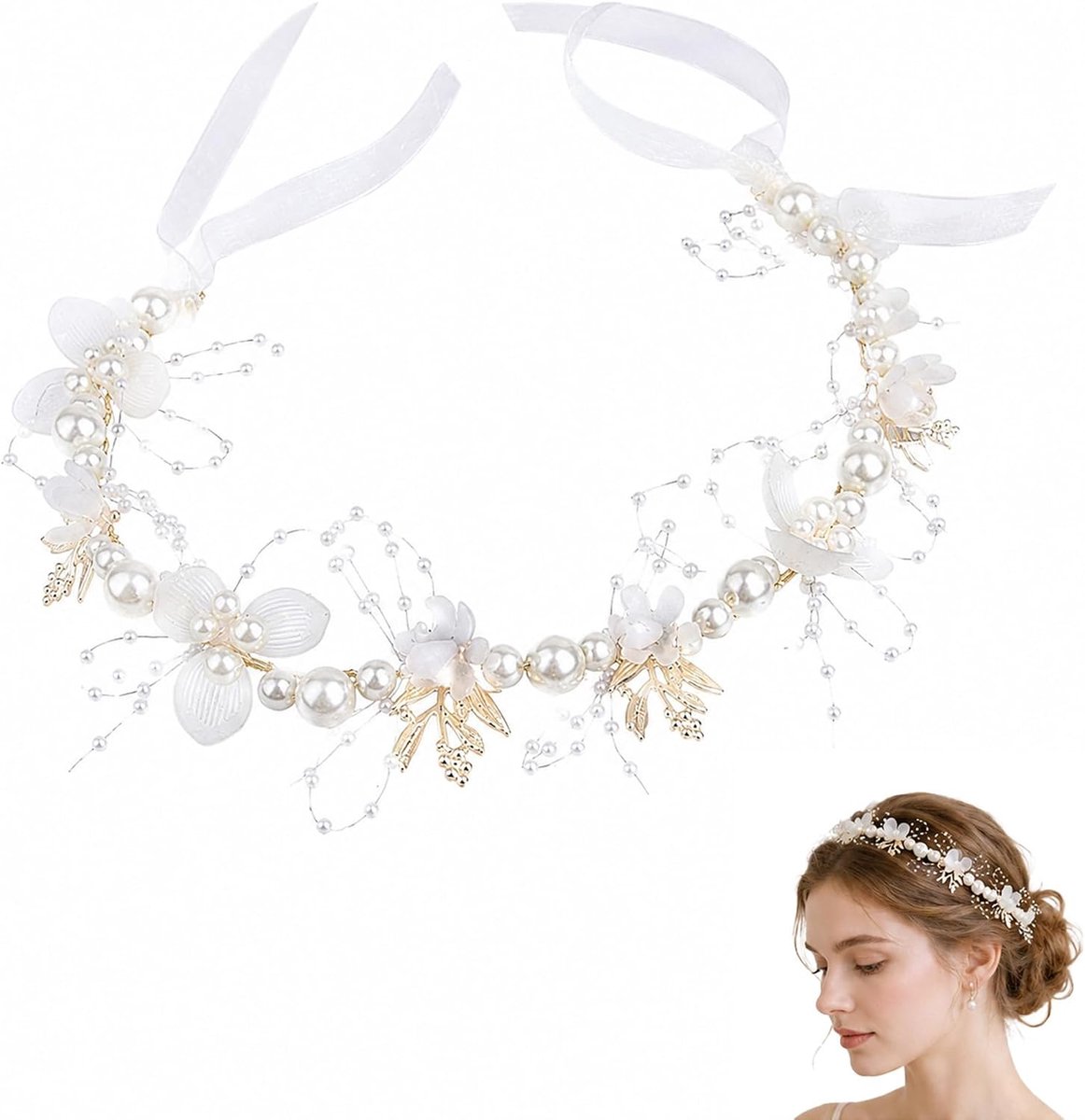 1 x haarband met witte parels en bloemen, verstelbaar, handgemaakt, zacht, voor communie, bruiloft, fotoshoot of ceremonie