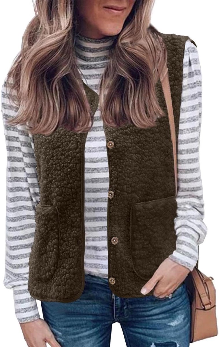 Fleece vest dames herfst winter warm mouwloos vest casual pluche vest kort effen V-hals knopen fleece vest effen pluche vest teddyvest outwear thermovest