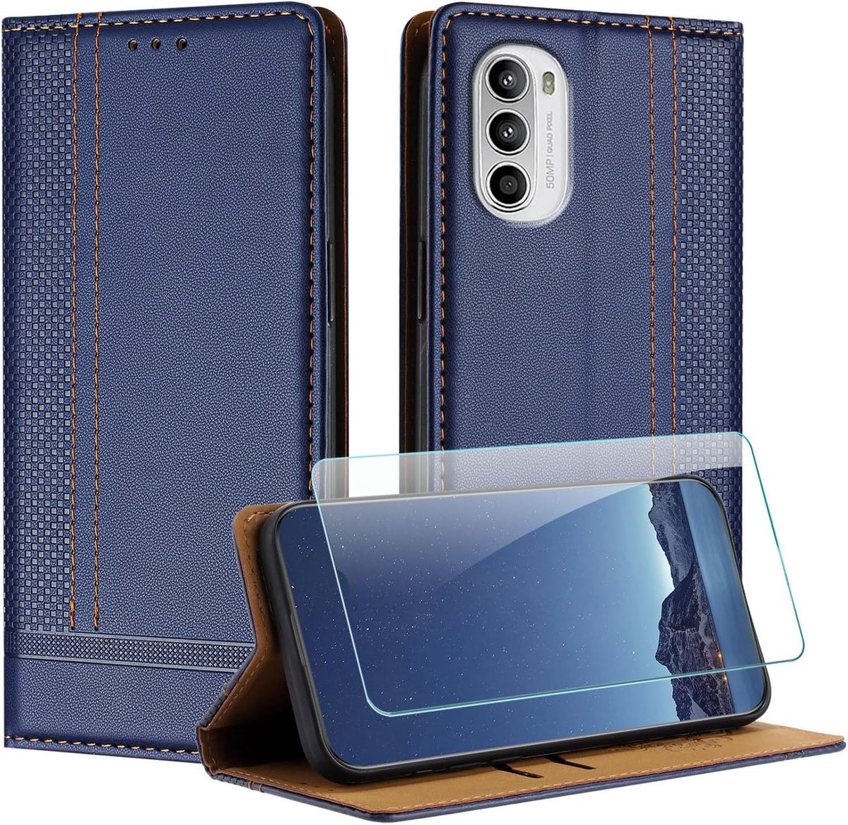 Hoesje voor Motorola Moto G52 4G/G82 5G/G71S + Schermbeschermer, Premium Lederen Flip magneetsluiting klaphoes beschermhoesmet standaard en kaartsleuven voor Moto G82 5G - Blauw