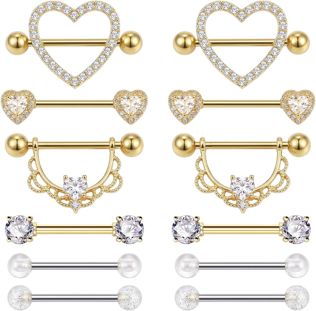 12 stuks tepelpiercing-sieraden, 14G tepelstang, staafpiercing, tongstang, tepelstang, chirurgisch staal, tepelsieraden, lichaamspiercing voor dames (goud)