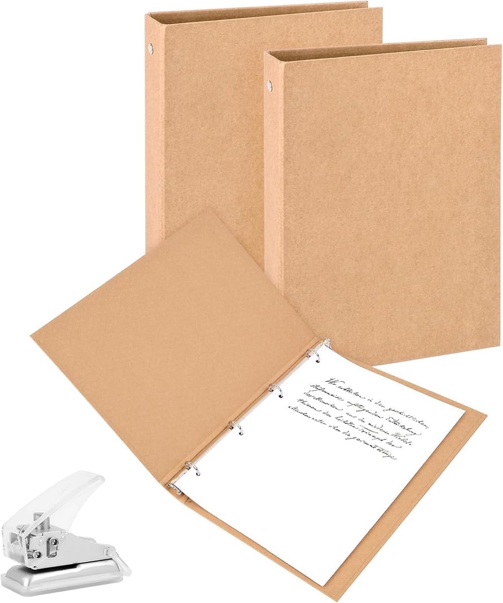 2 stuks A4 navulbaar kraftpapier, ringband, A4, 4 ringen, kraftpapier met perforatie, navulbare map voor kantoor, studie, reizen en dagboek