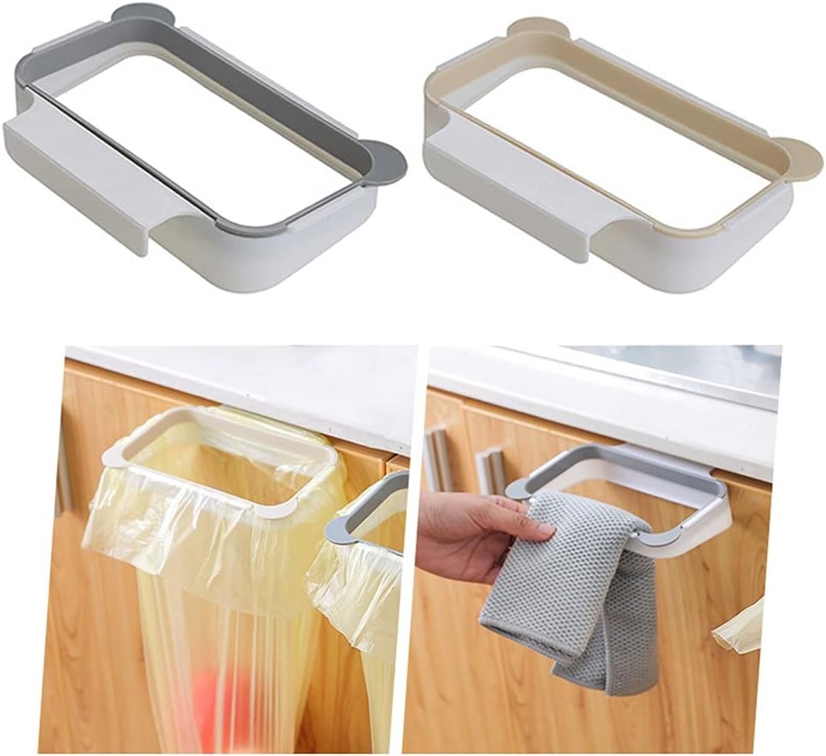 2 stuks keukenprullenbakhouder, hangende vuilniszakhouder, tashouder voor plastic zakken vuilnis, keuken hangende bakhouder, voor het plaatsen van vuilniszakken in keuken, badkamer (abrikoos, grijs)