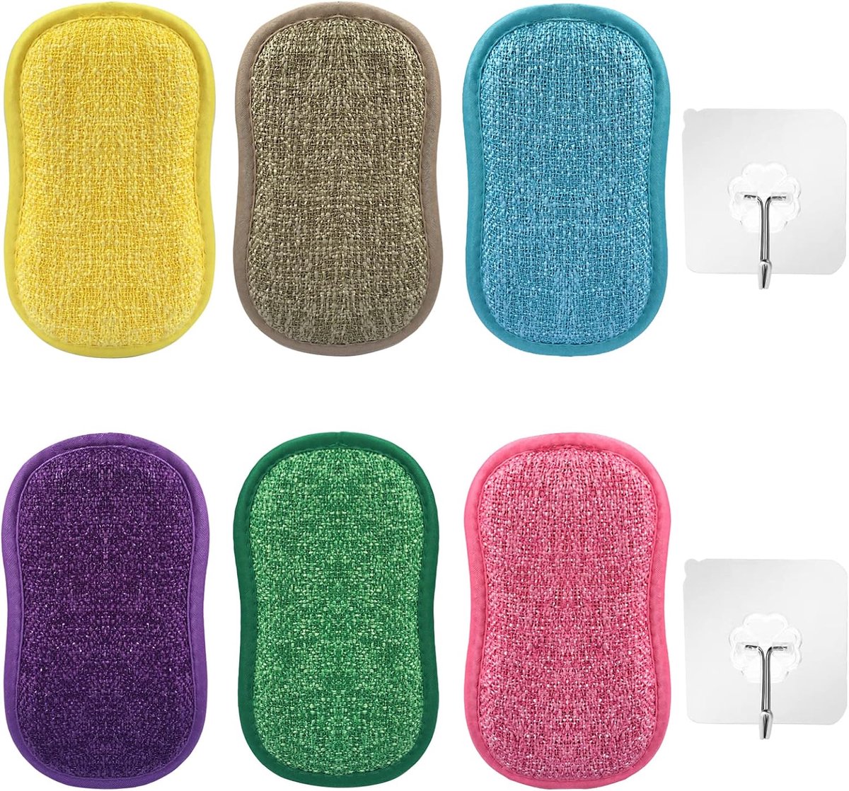 spons 6 stuks met 2 stuks zelfklevende haken, microvezel keukenschuursponzen, dubbelzijdige sponzen, pannenreiniger, wasbaar voor hergebruik