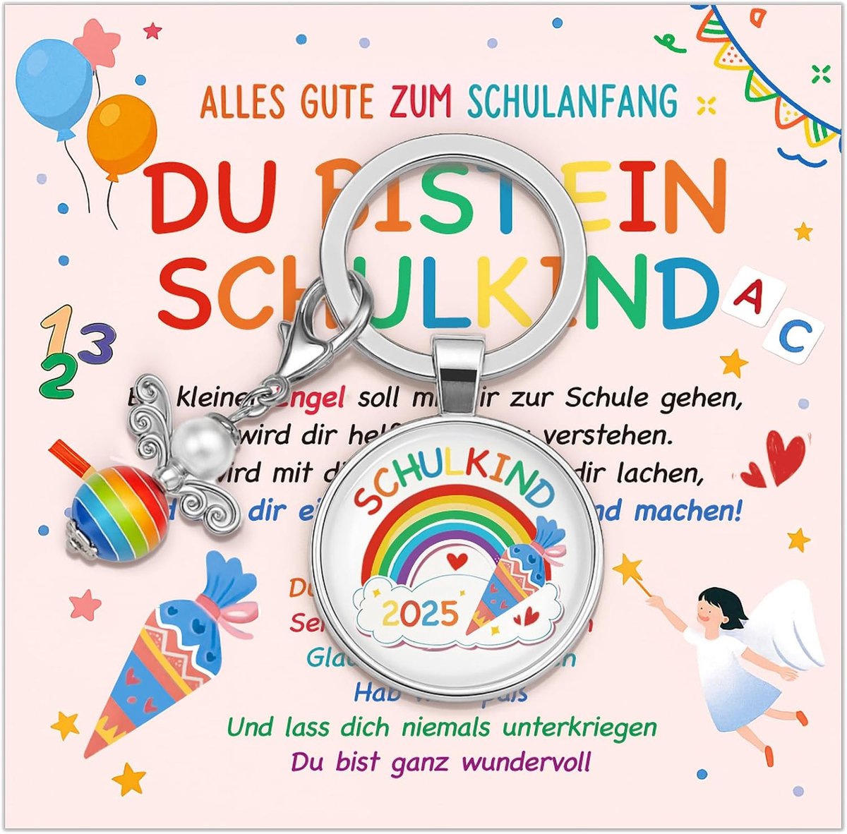 beschermengel, sleutelhanger, cadeaus voor eerste schooldag, meisjes, geluksbrenger, schoolkind, schooltas, wenskaart en een prachtige geschenkdoos bij