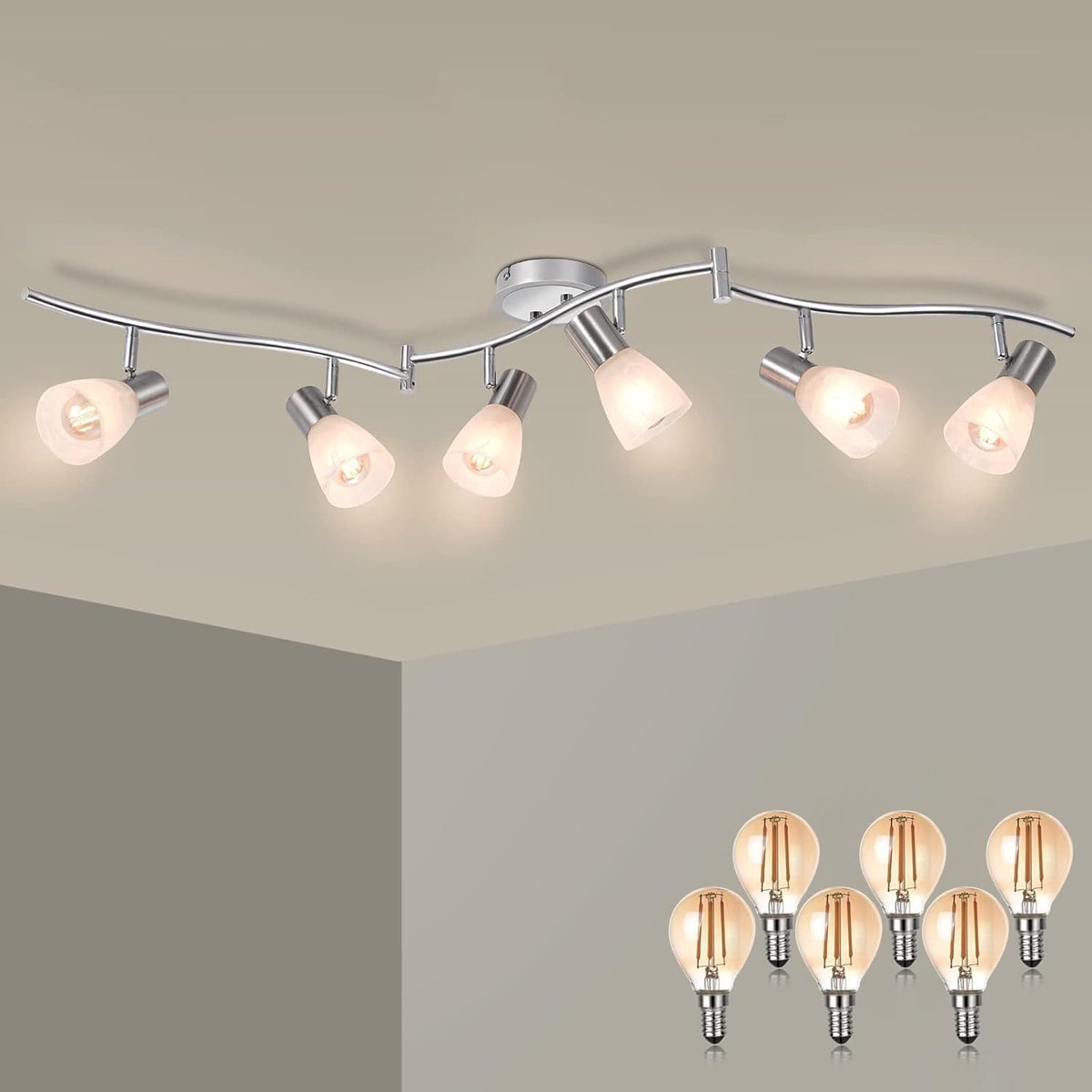 Plafondlamp, 6 ledspots, draaibaar, plafondspot van glas, draaibaar, moderne lamp, led-plafondlamp voor woonkamer, woonkamer, keuken, ledlampen inbegrepen (E14, 4 W, 400 lm, warmwit, 3000 K)