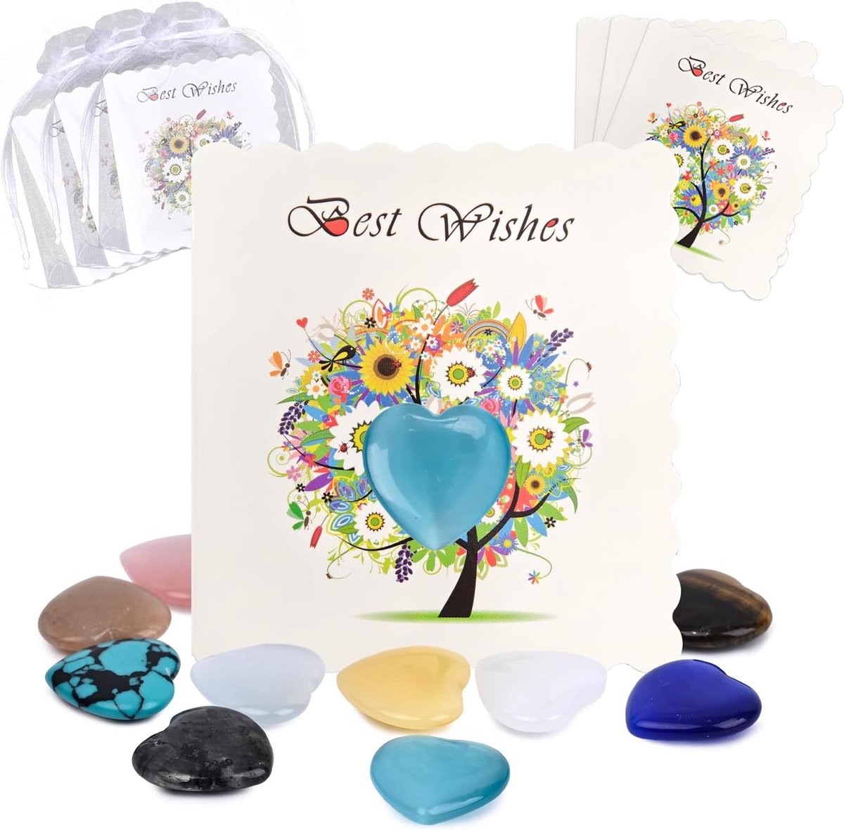 10 Stuks Hart Gelukstenen met Organza Zakjes en Kaarten, Edelstenen Hartvorm Bedeltjes voor Verjaardag, Communie, Bruiloft en Doopsel