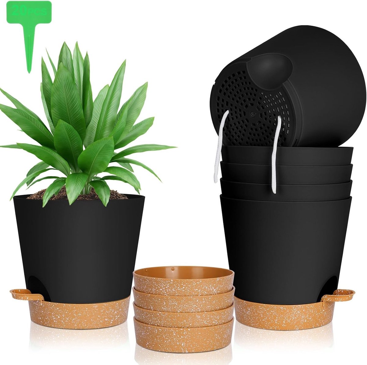 Set van 6 Zelfwaterende Plantenpotten van 20 cm - Zwart, Modern Design, Rond, Geschikt voor Binnenplanten en Tuinieren