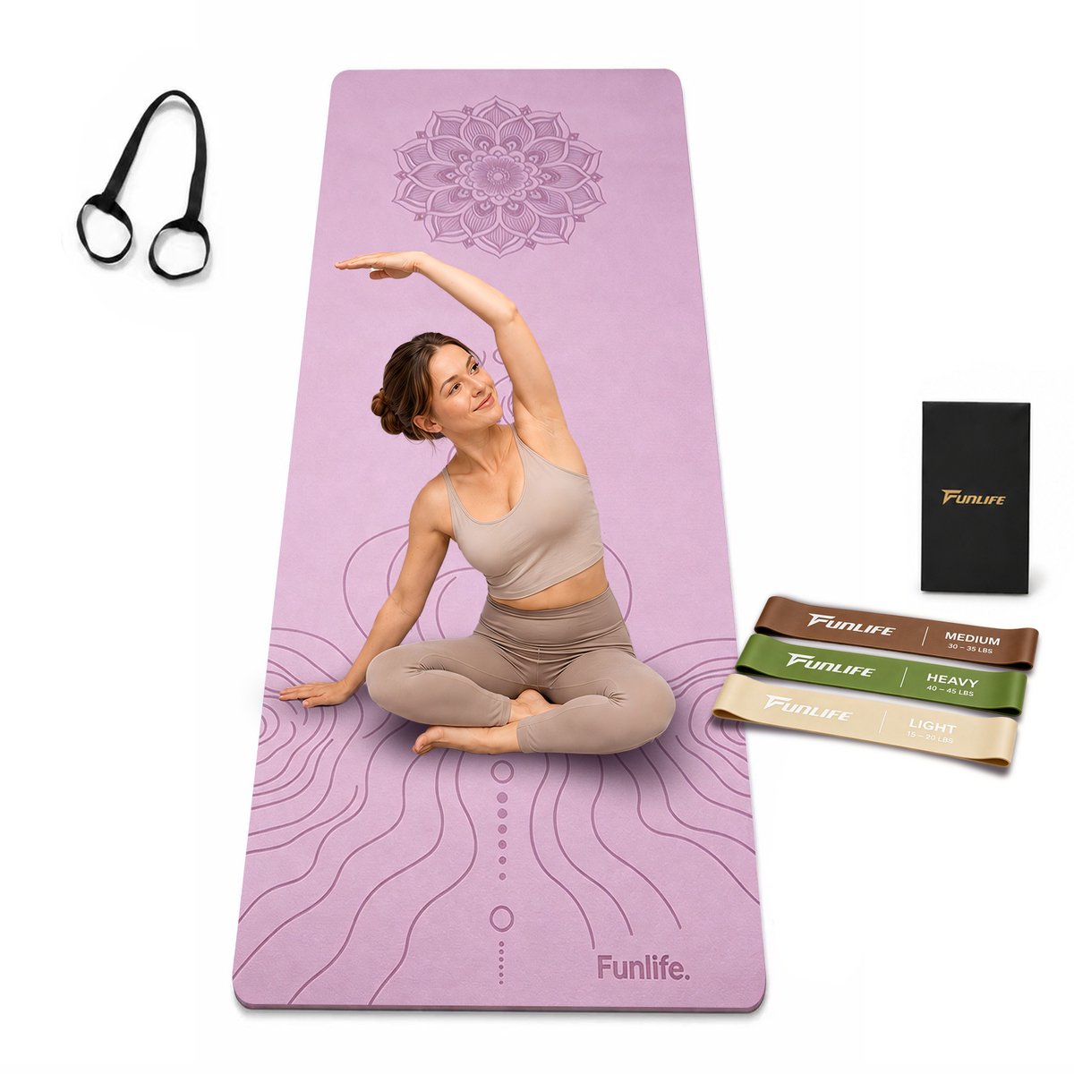 FunLife Yogamat 183 × 61 cm met 3 Weerstandsbanden – 8 mm TPE Fitnessmat Sportmat Antislip met Draagriem voor Yoga en Pilates