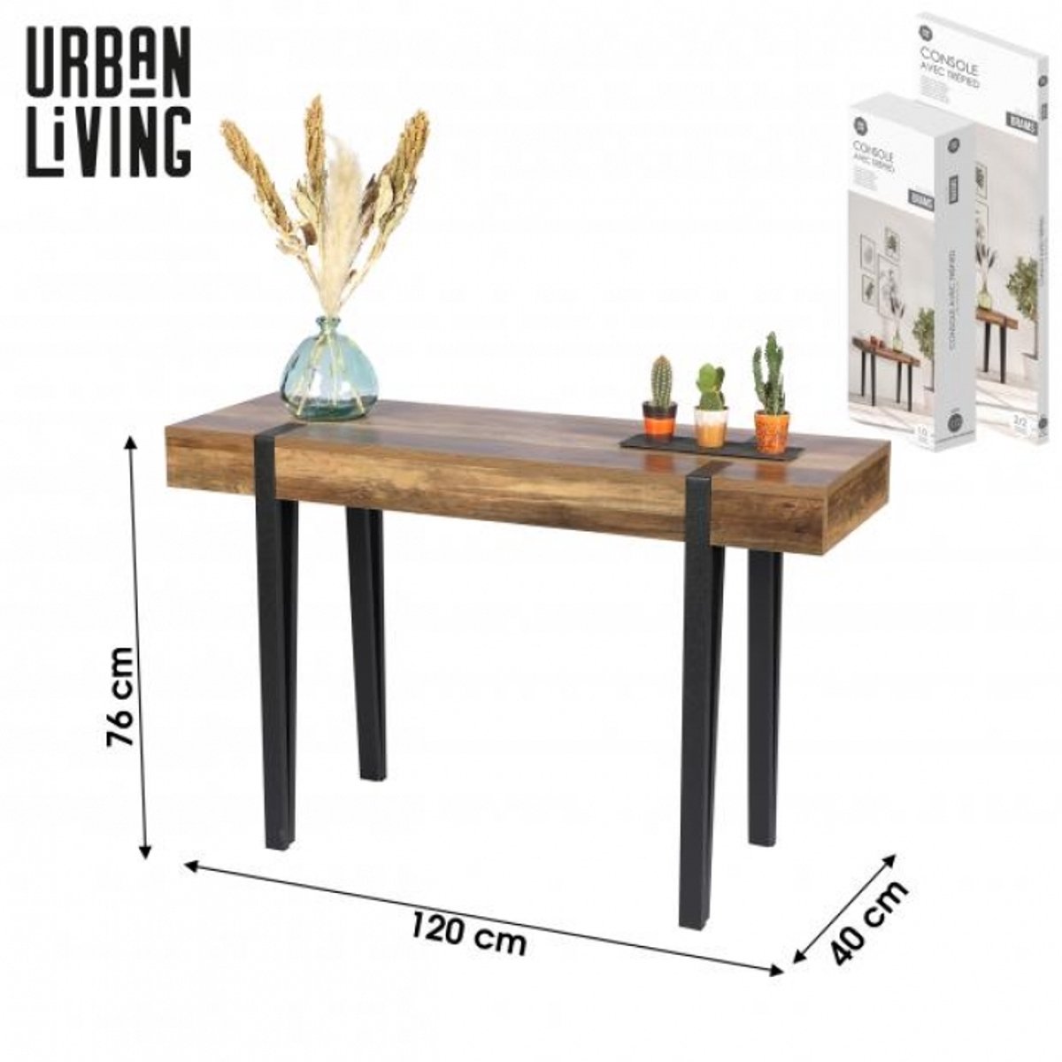 Urban Living "BRAMS" CONSOLETAFEL MET ZWART METALEN POTEN 120X40XH76CM Zwart/houtkleur