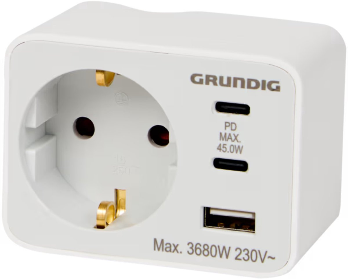 Grundig stopcontactadapter Met 3 USB-poorten -Geschikt voor snelladen - Compact ontwerp voor elke ruimte - Stopcontact