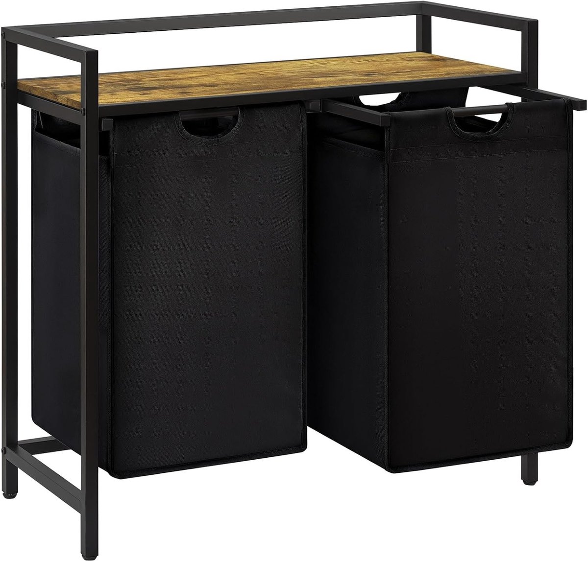 Wasmand met 2 Secties en Plank, 95 L Capaciteit, Dubbele Uittrekbare Tasjes voor Woonkamer, Badkamer en Studentenhuis, Zwart