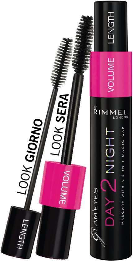 Rimmel London Day2Night mascara. Zwarte huls met roze band, met twee borsteltjes. Tekst: LOOK GIORNO, LOOK SERA, VOLUME, LENGTH.