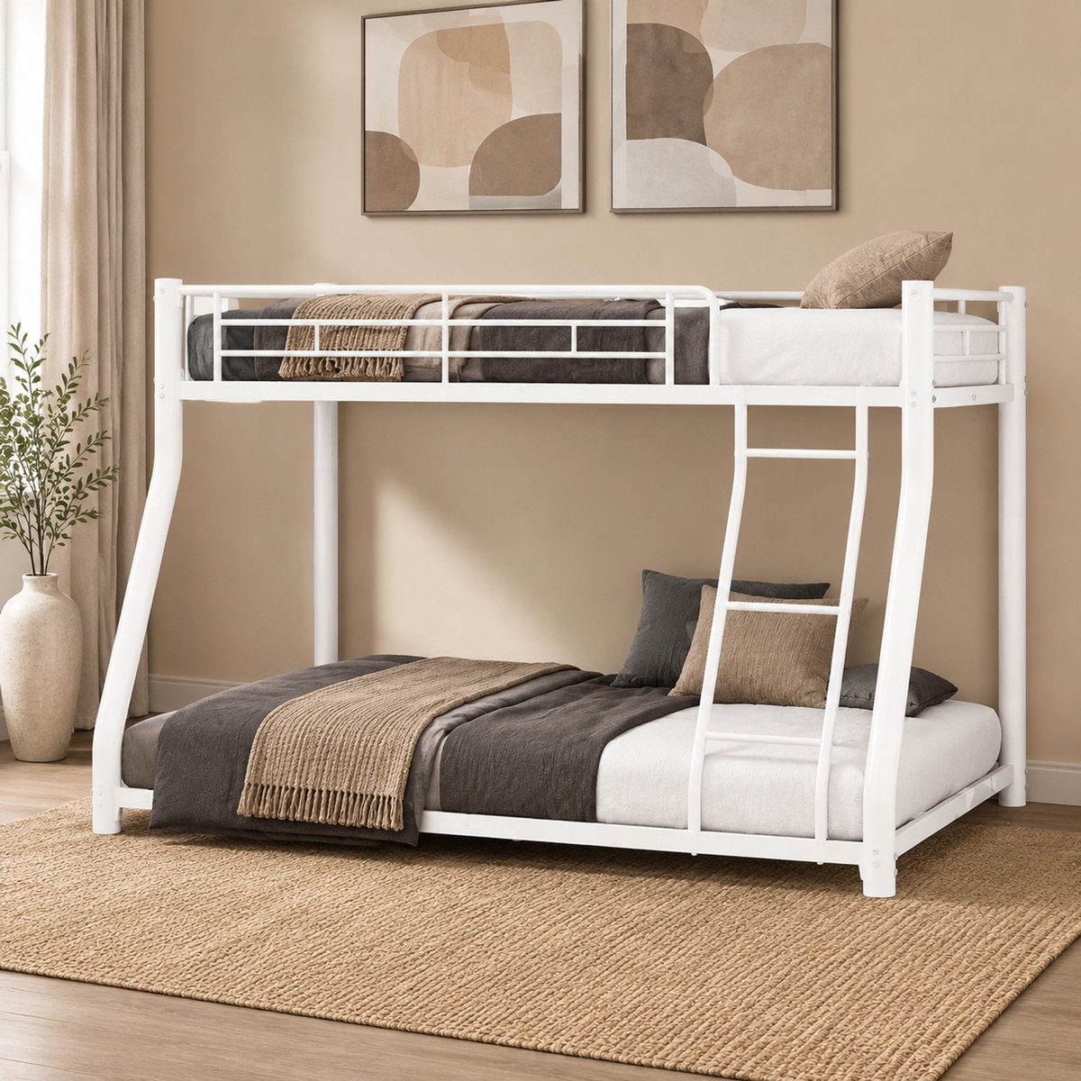Stapelbed 196,6 x 146,6 cm Zonder matras Met Ladder En Volledige Valbeveiliging Ruimtebesparend Voor Volwassenen Metaal Wit