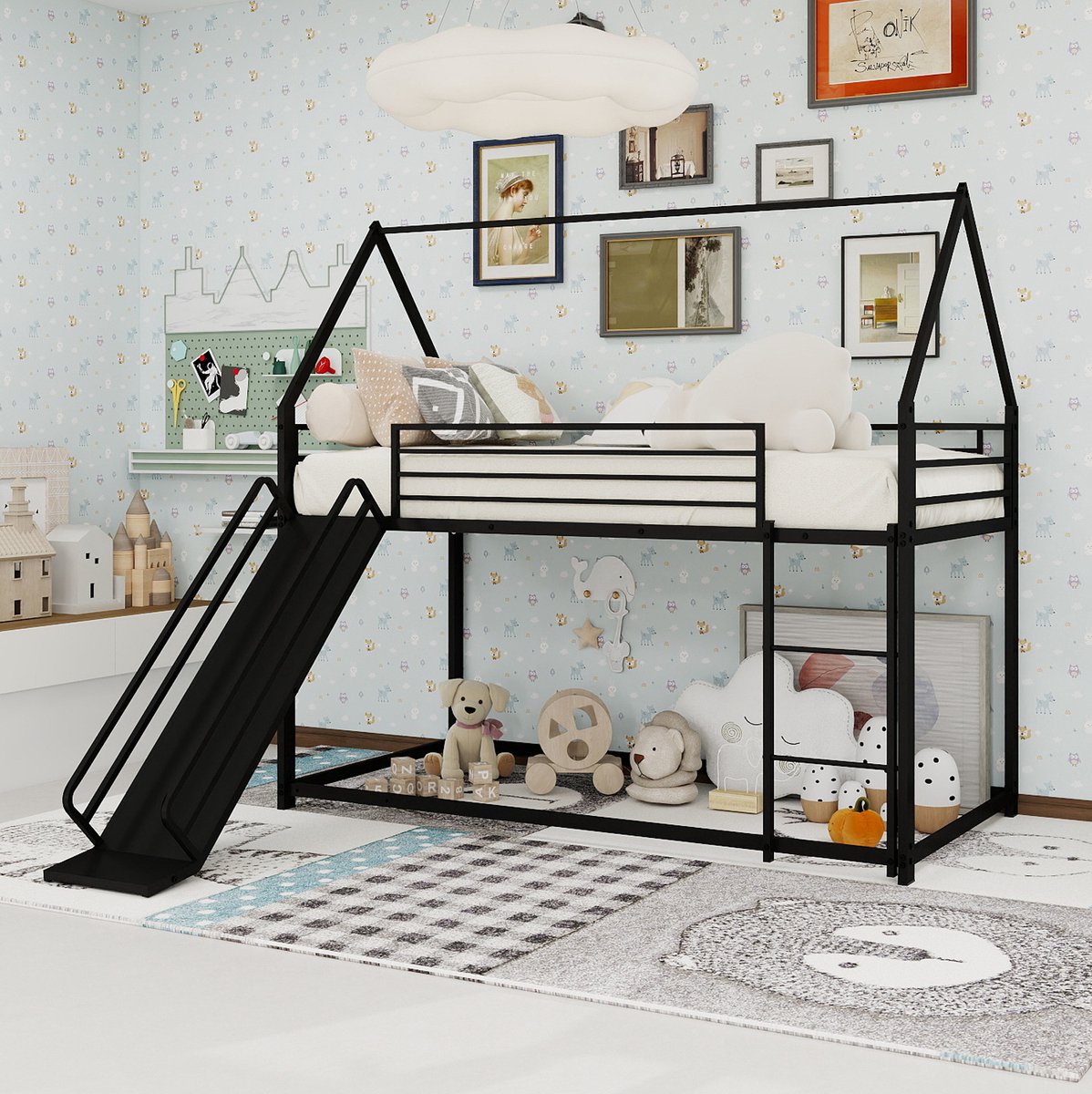 Stapelbed 90 x 190 cm Zonder Matras Huisbed Met Glijbaan En Trap Voor Kinderen Ruimtebesparend Metalen Bedframe Zwart